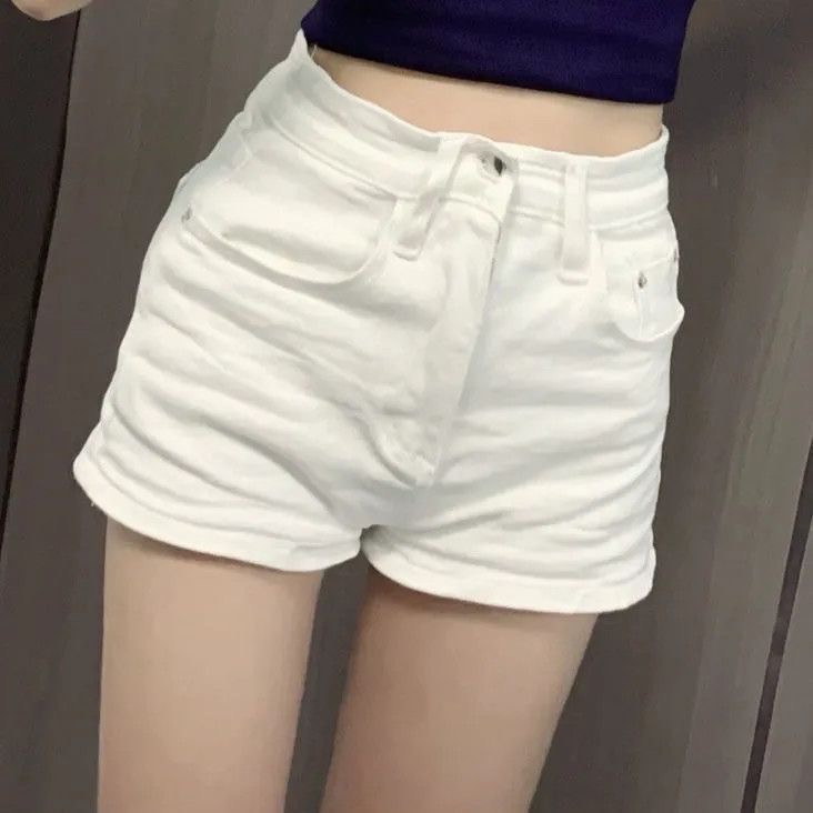 小個子美式辣妹白色高腰牛仔短褲女夏季緊身顯瘦百搭包臀熱褲