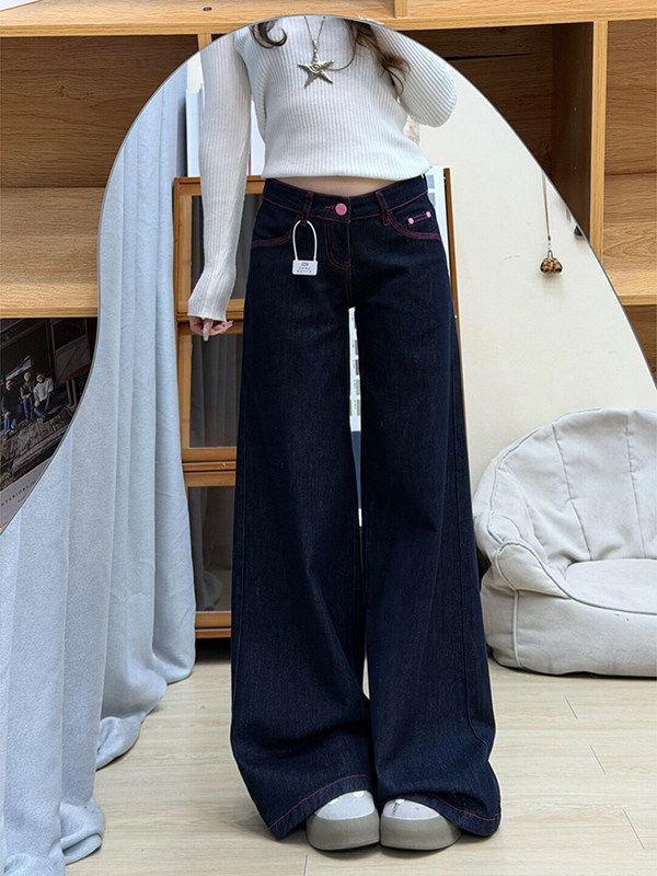 小個子復古闊腿牛仔褲女新款辣妹低腰寬松垂感百搭直筒褲