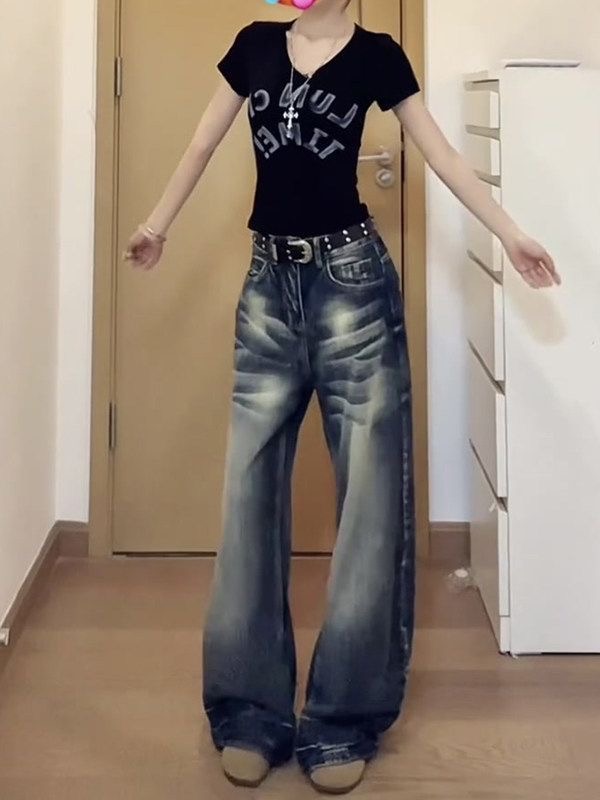 小個子美式高街復古水洗做舊牛仔褲女高腰寬松顯瘦闊腿彎刀褲