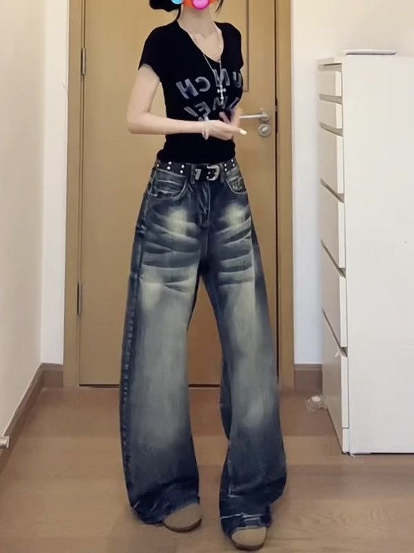 小個子美式高街復古水洗做舊牛仔褲女高腰寬松顯瘦闊腿彎刀褲