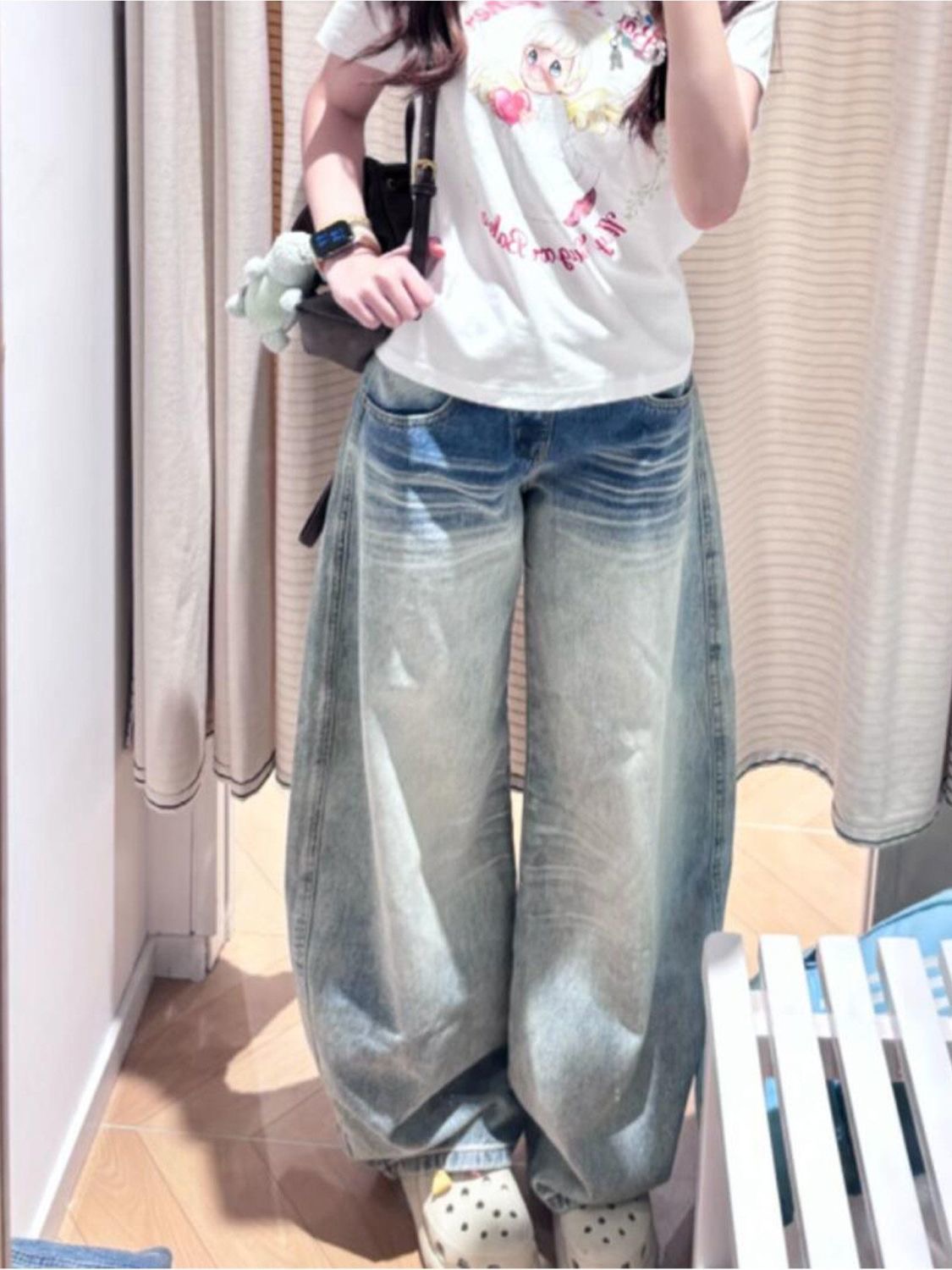 小個子美式復古口袋刺繡彎刀牛仔褲女新款低腰寬松顯瘦闊腿拖地褲