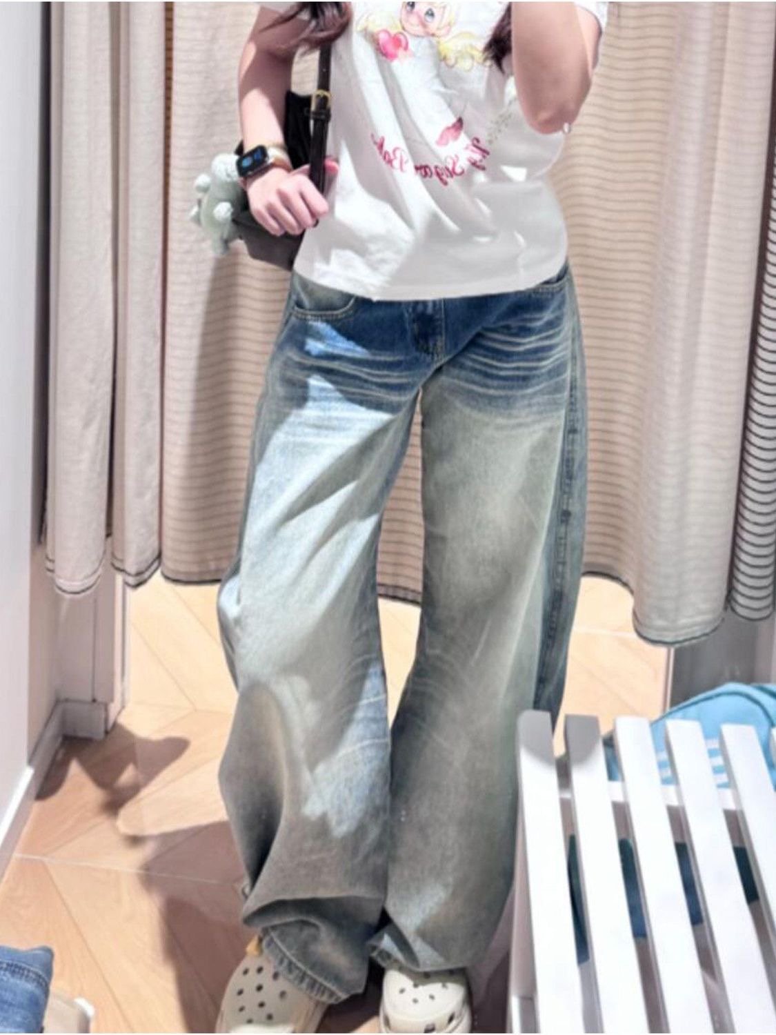 小個子美式復古口袋刺繡彎刀牛仔褲女新款低腰寬松顯瘦闊腿拖地褲