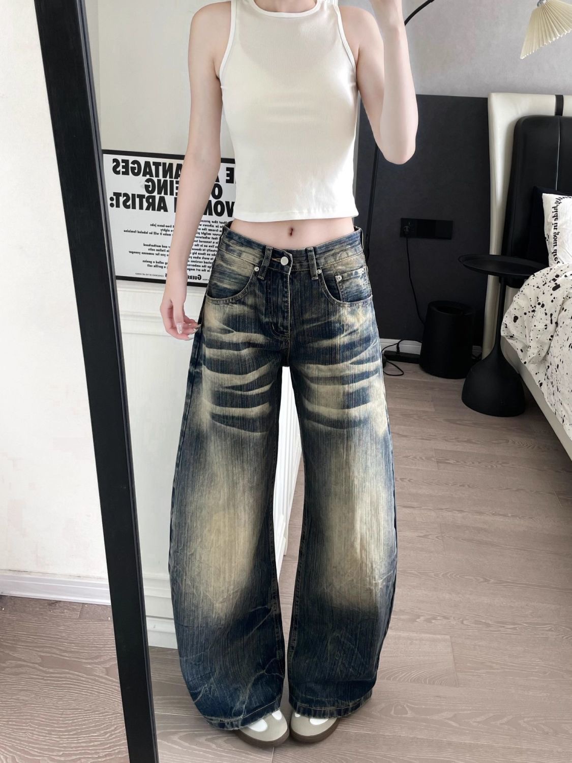 小個子美式水洗竹節紋彎刀牛仔褲女夏季設計感寬松顯瘦闊腿褲