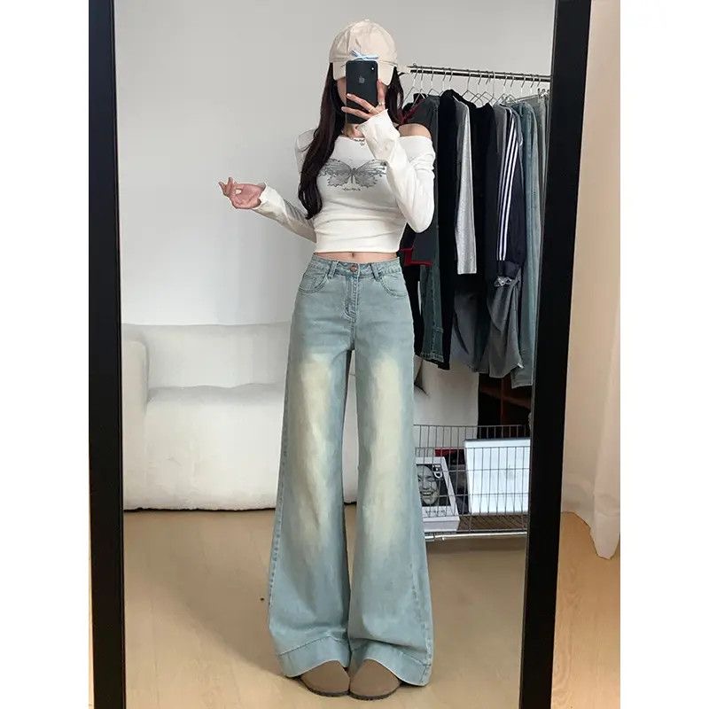 小個子美式復古寬松微喇闊腿牛仔褲女新款高腰顯瘦直筒拖地褲