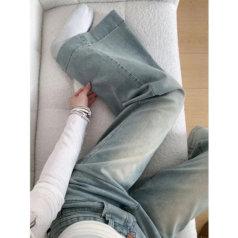 小個子美式復古寬松微喇闊腿牛仔褲女新款高腰顯瘦直筒拖地褲