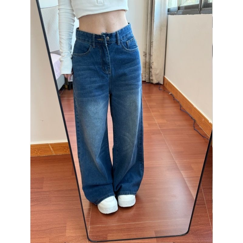 小個子美式復古水洗闊腿牛仔褲女新款夏季設計感褲子高腰直筒褲