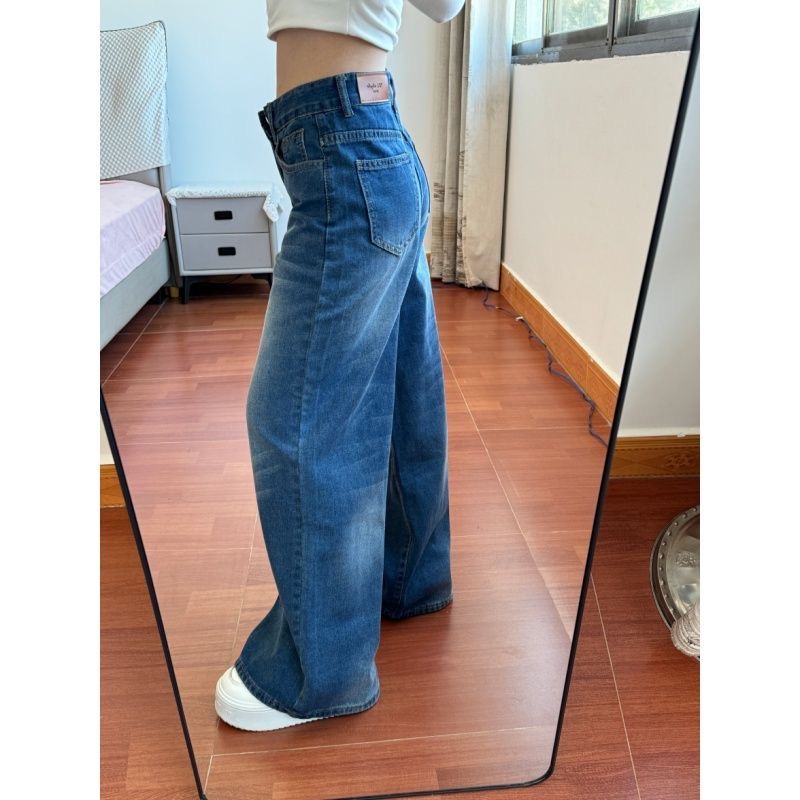小個子美式復古水洗闊腿牛仔褲女新款夏季設計感褲子高腰直筒褲