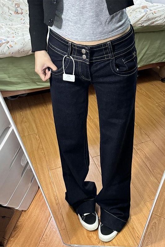 小個子美式小眾微喇闊腿牛仔褲女夏季低腰寬松百搭直筒喇叭褲