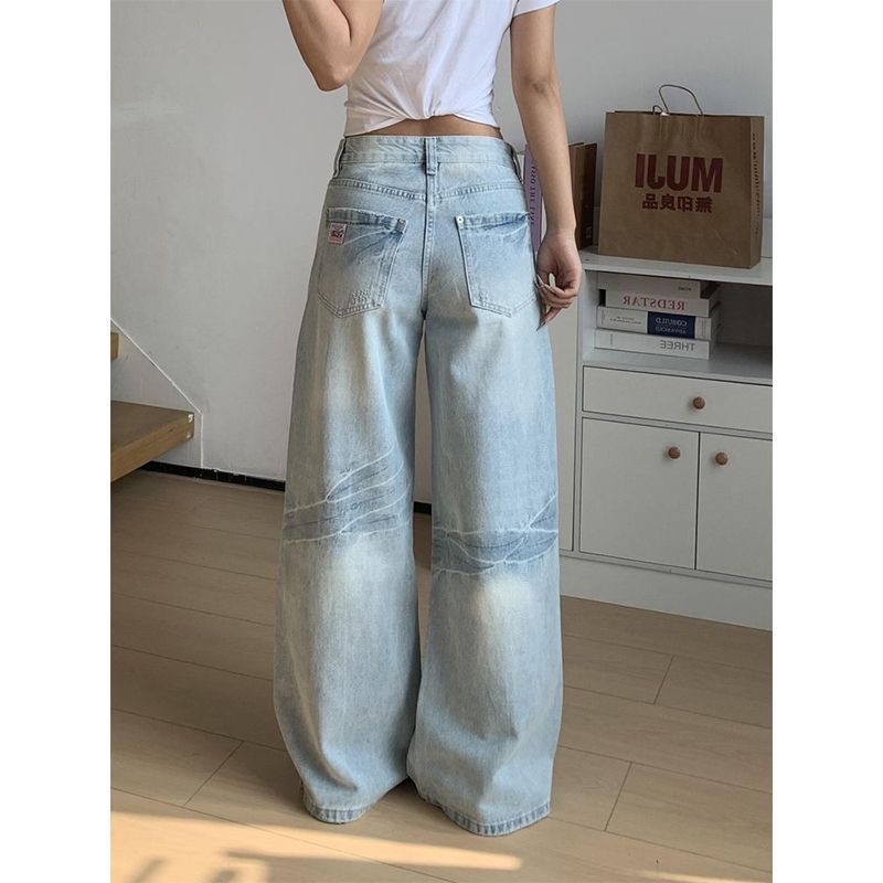 小個子美式復古淺色做舊闊腿牛仔褲女低腰寬松顯瘦直筒拖地褲