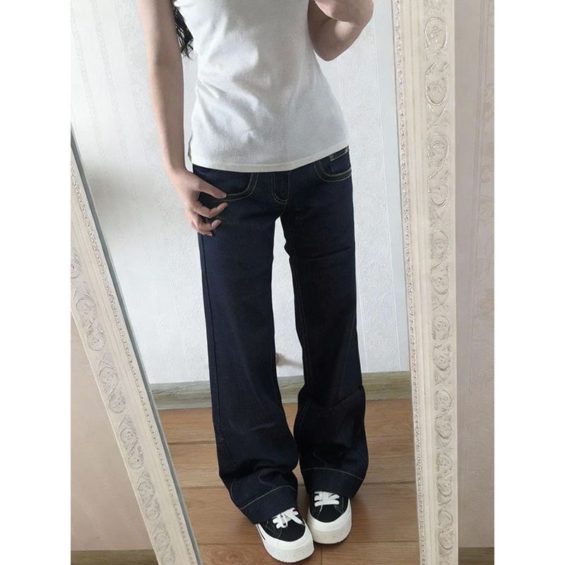 小個子美式小眾微喇闊腿牛仔褲女夏季低腰寬松百搭直筒喇叭褲