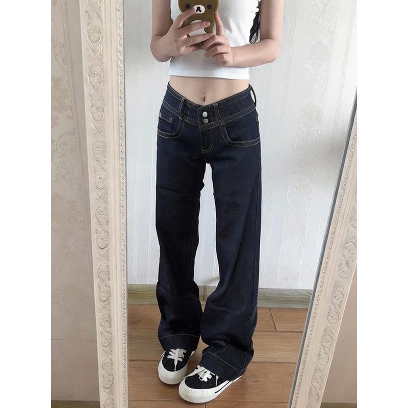 小個子美式小眾微喇闊腿牛仔褲女夏季低腰寬松百搭直筒喇叭褲