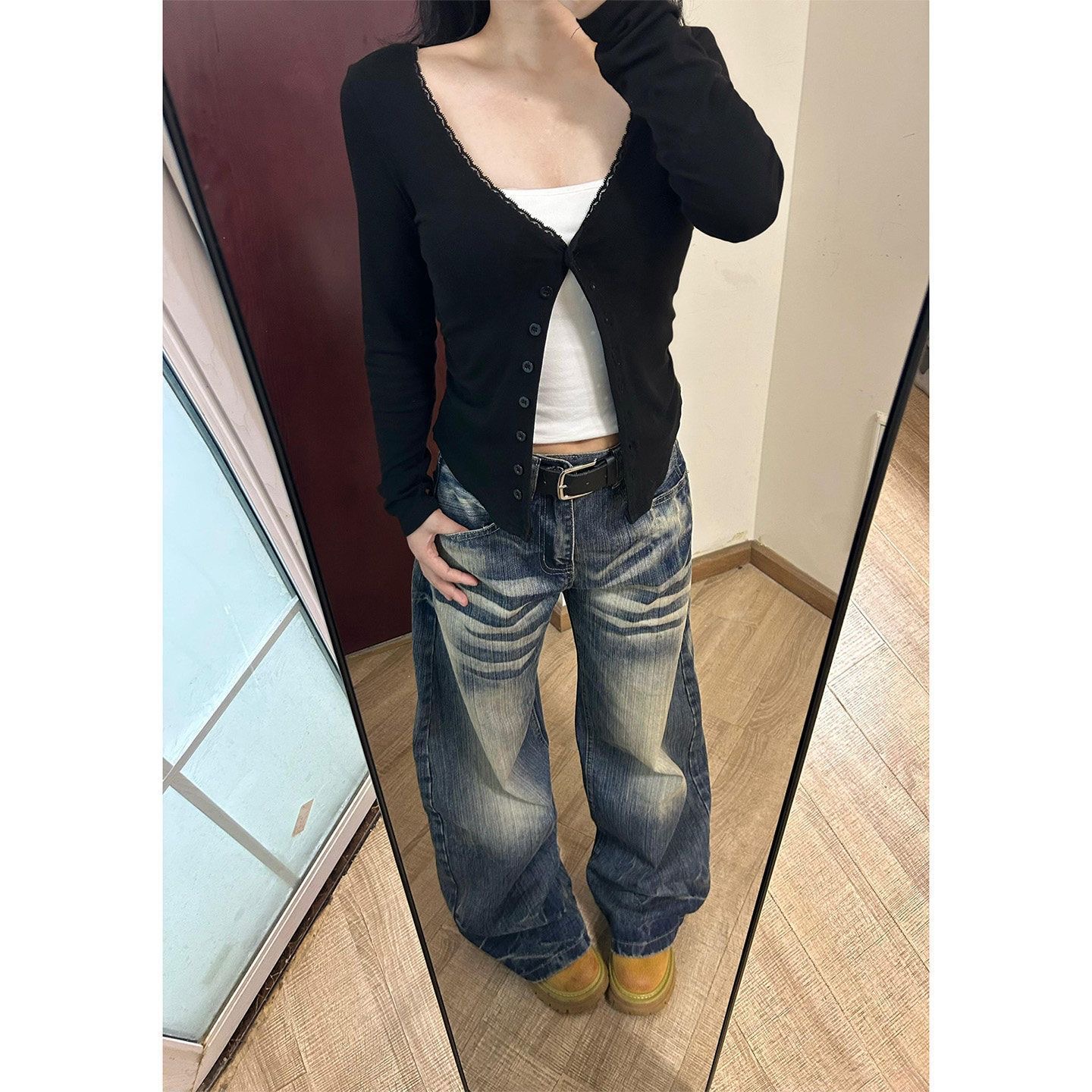 小個子美式高街復古水洗做舊牛仔褲女高腰寬松顯瘦闊腿彎刀褲