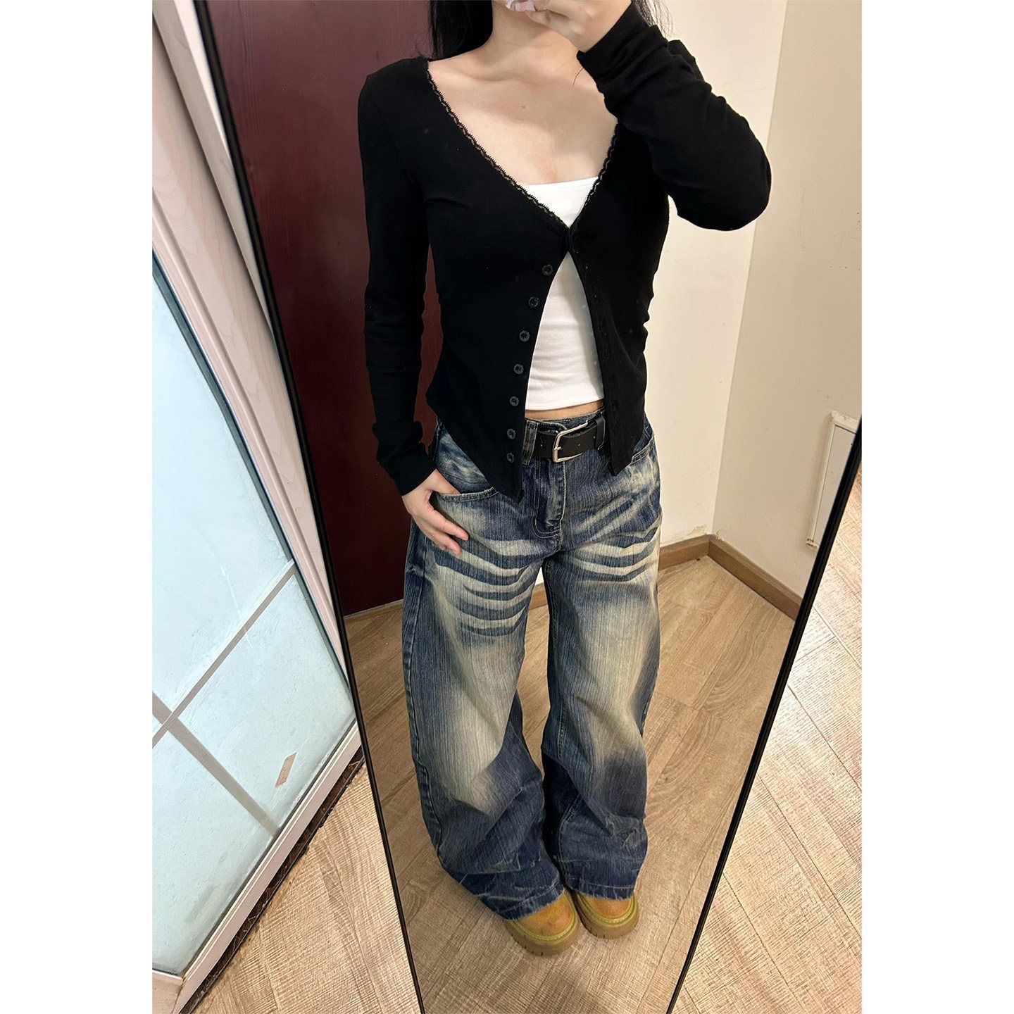 小個子美式高街復古水洗做舊牛仔褲女高腰寬松顯瘦闊腿彎刀褲