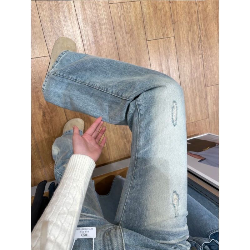 小個子美式淺藍色蕾絲拼接微喇牛仔褲女新款低腰喇叭褲長褲子