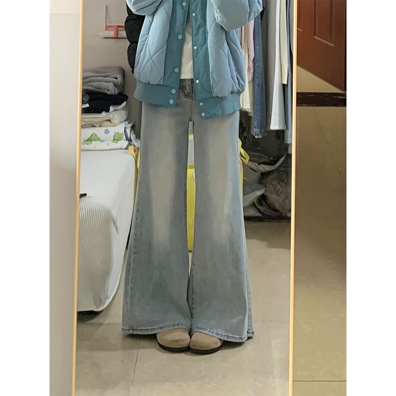 小個子淺藍色復古水洗不貼腿微喇牛仔褲女高腰彈力喇叭拖地褲