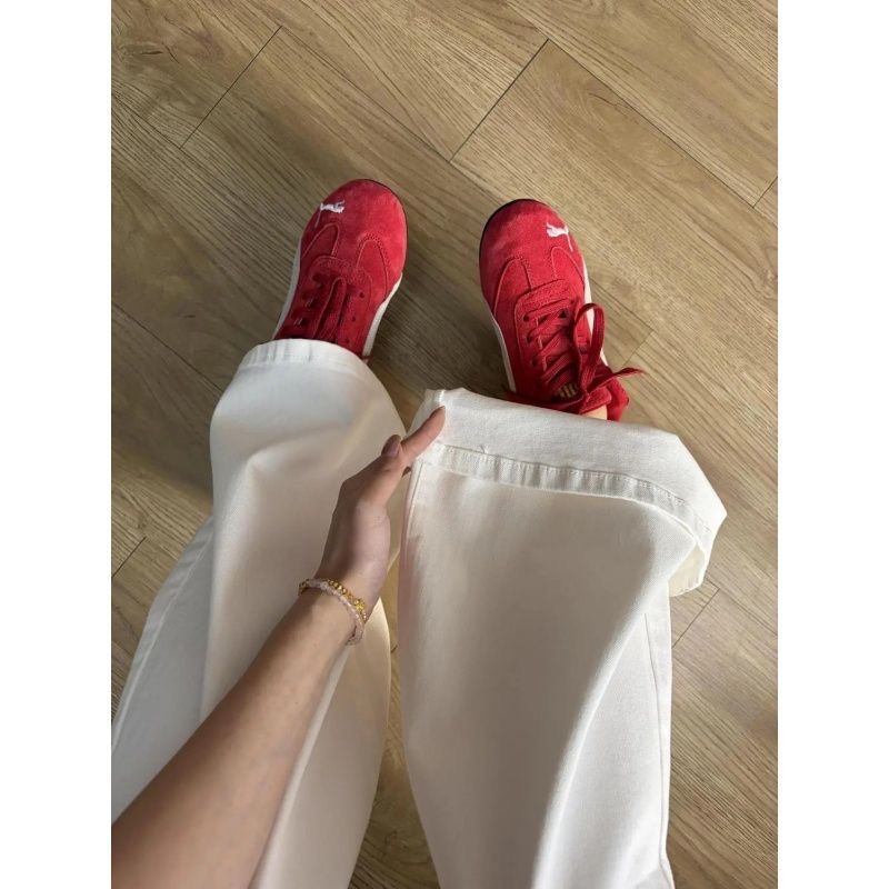 小個子美式白色低腰微喇牛仔褲女夏季不貼腿百搭拖地喇叭褲子
