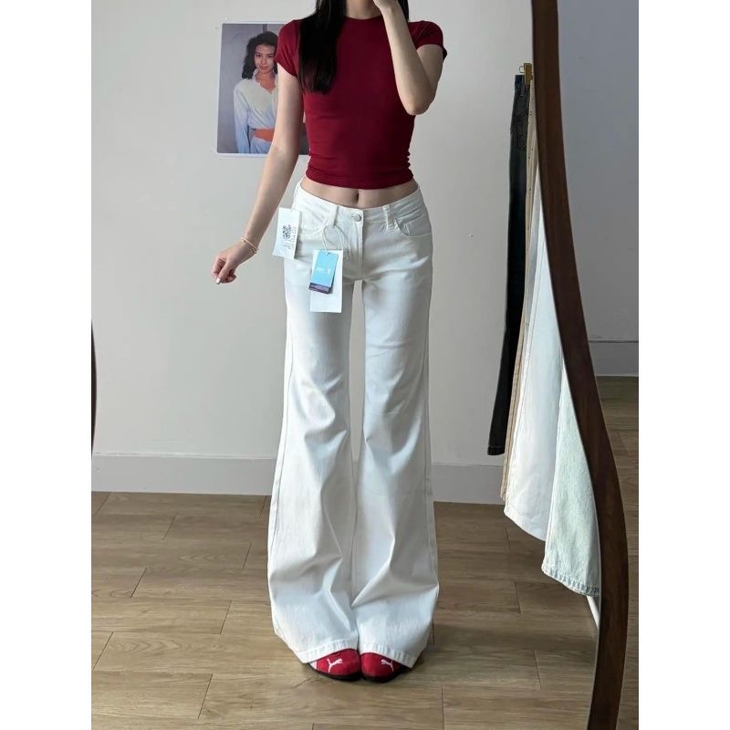 小個子美式白色低腰微喇牛仔褲女夏季不貼腿百搭拖地喇叭褲子