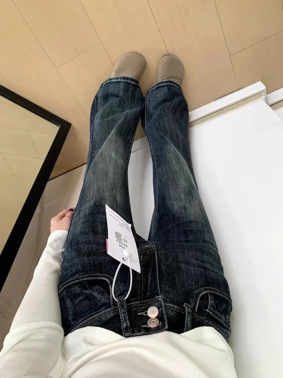 小個子美式復古辣妹高腰窄版微喇牛仔褲女直筒修身彈性喇叭褲