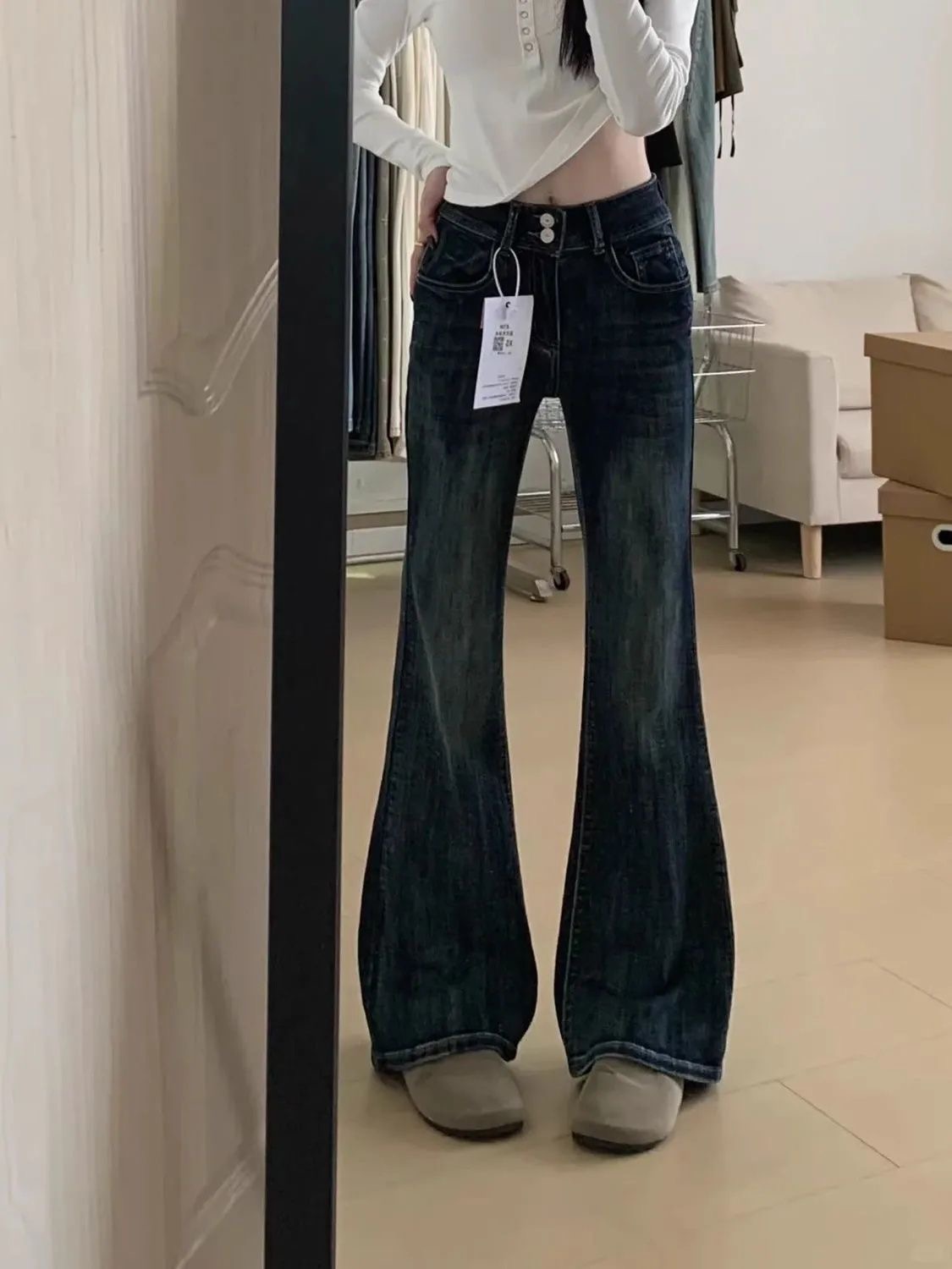 小個子美式復古辣妹高腰窄版微喇牛仔褲女直筒修身彈性喇叭褲