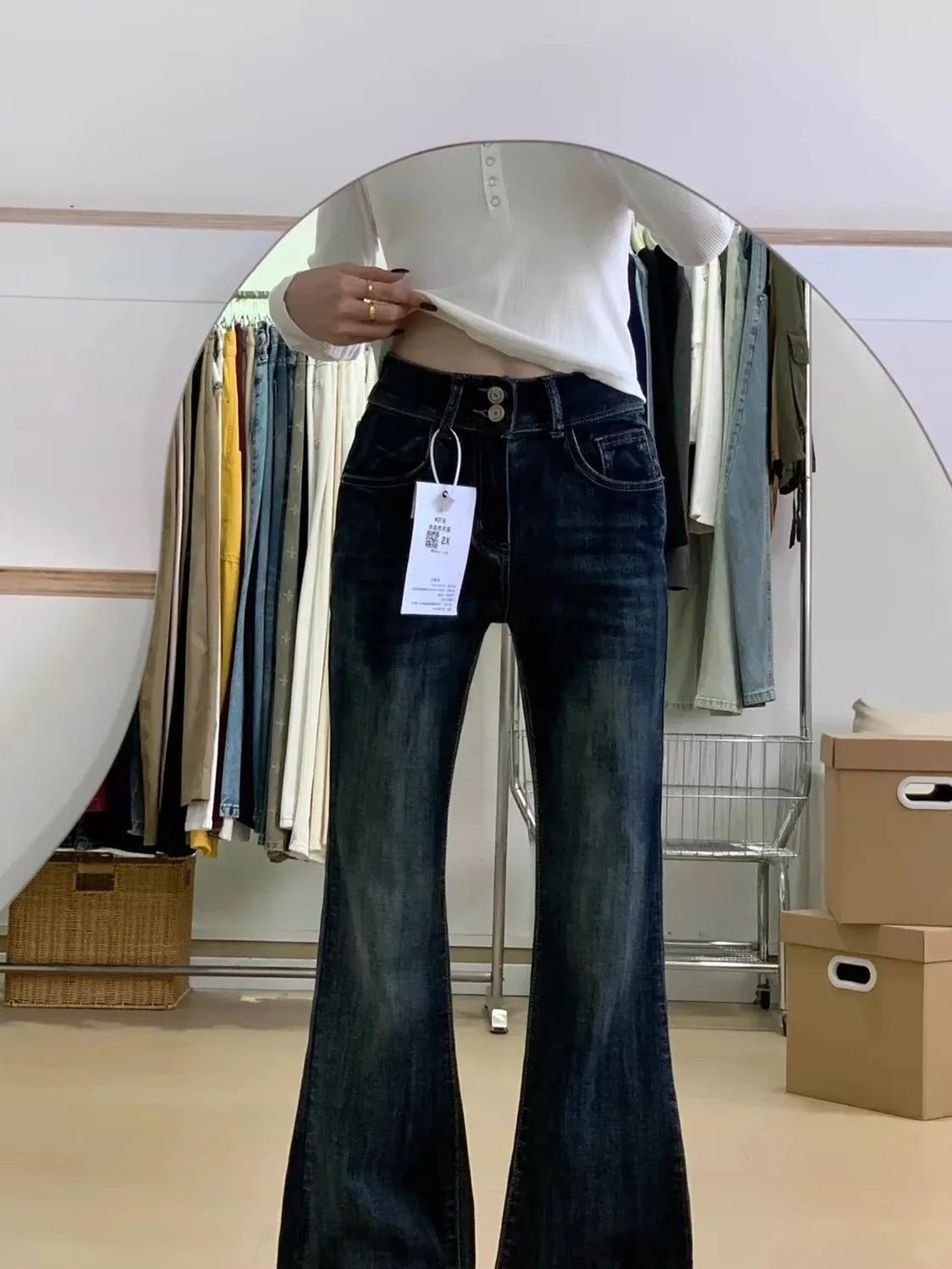 小個子美式復古辣妹高腰窄版微喇牛仔褲女直筒修身彈性喇叭褲