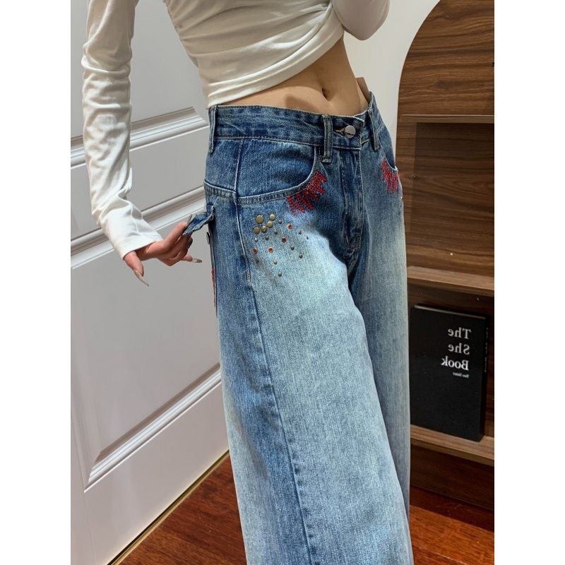 小個子美式高街燙釘刺繡直筒牛仔褲女新款高腰寬松顯瘦闊腿拖地褲