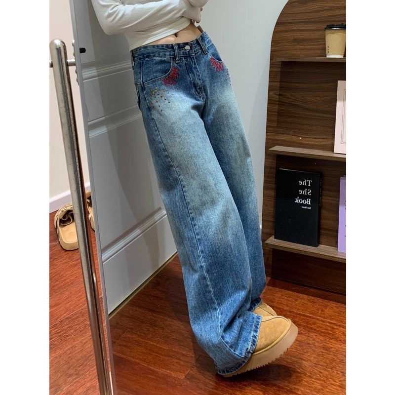 小個子美式高街燙釘刺繡直筒牛仔褲女新款高腰寬松顯瘦闊腿拖地褲