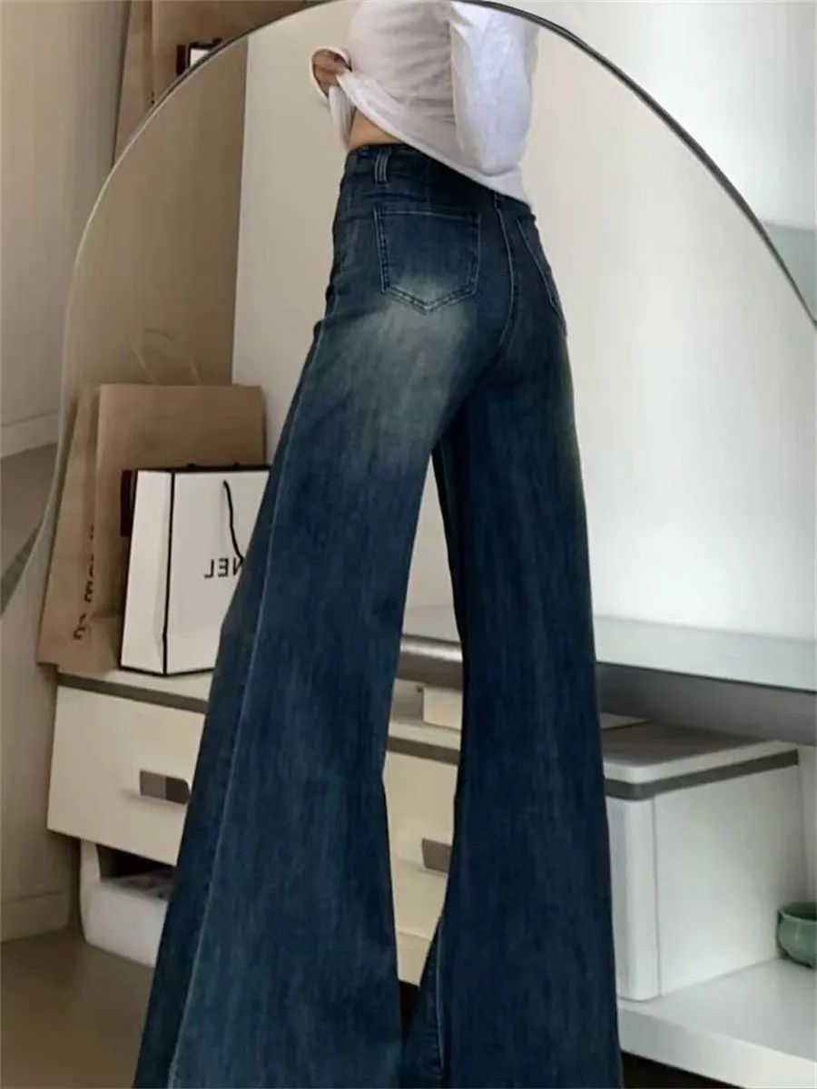 小個子美式高街闊腿微喇牛仔褲女設計感高腰彈力馬蹄喇叭長褲