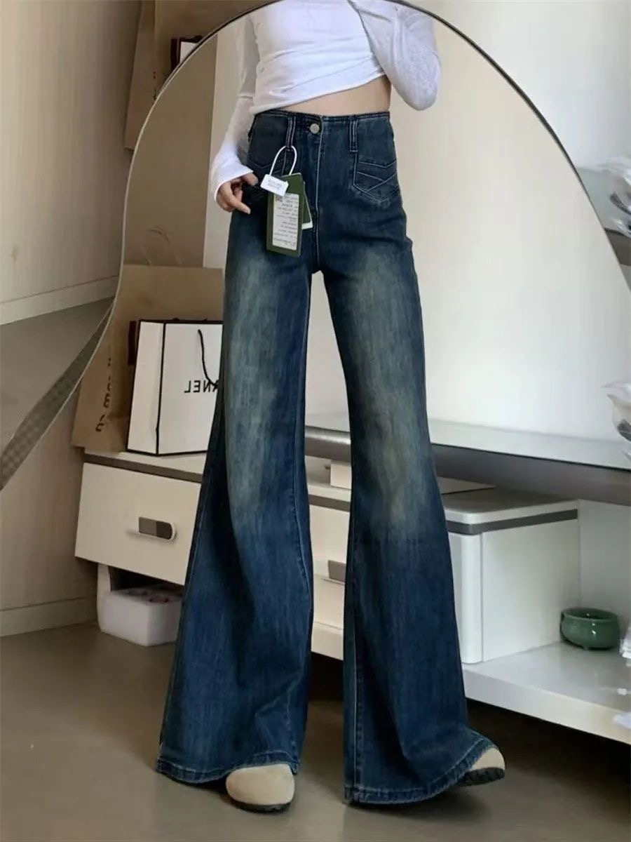 小個子美式高街闊腿微喇牛仔褲女設計感高腰彈力馬蹄喇叭長褲