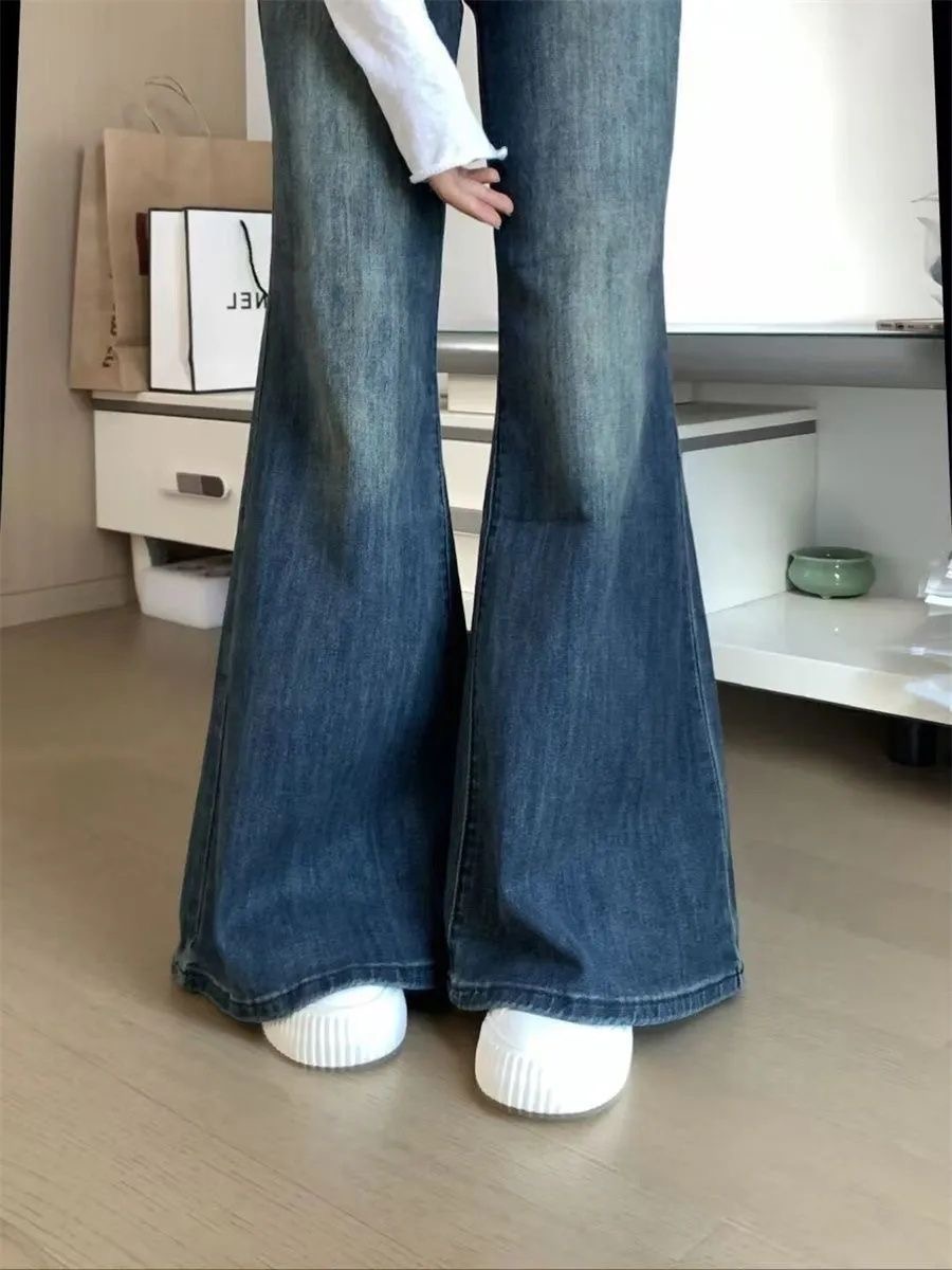 小個子美式高街闊腿微喇牛仔褲女設計感高腰彈力馬蹄喇叭長褲