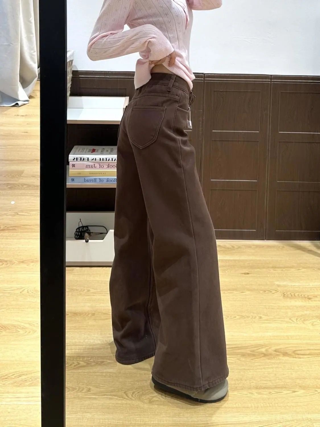 小個子美式辣妹咖色不貼腿微喇牛仔褲女低腰寬松喇叭拖地長褲