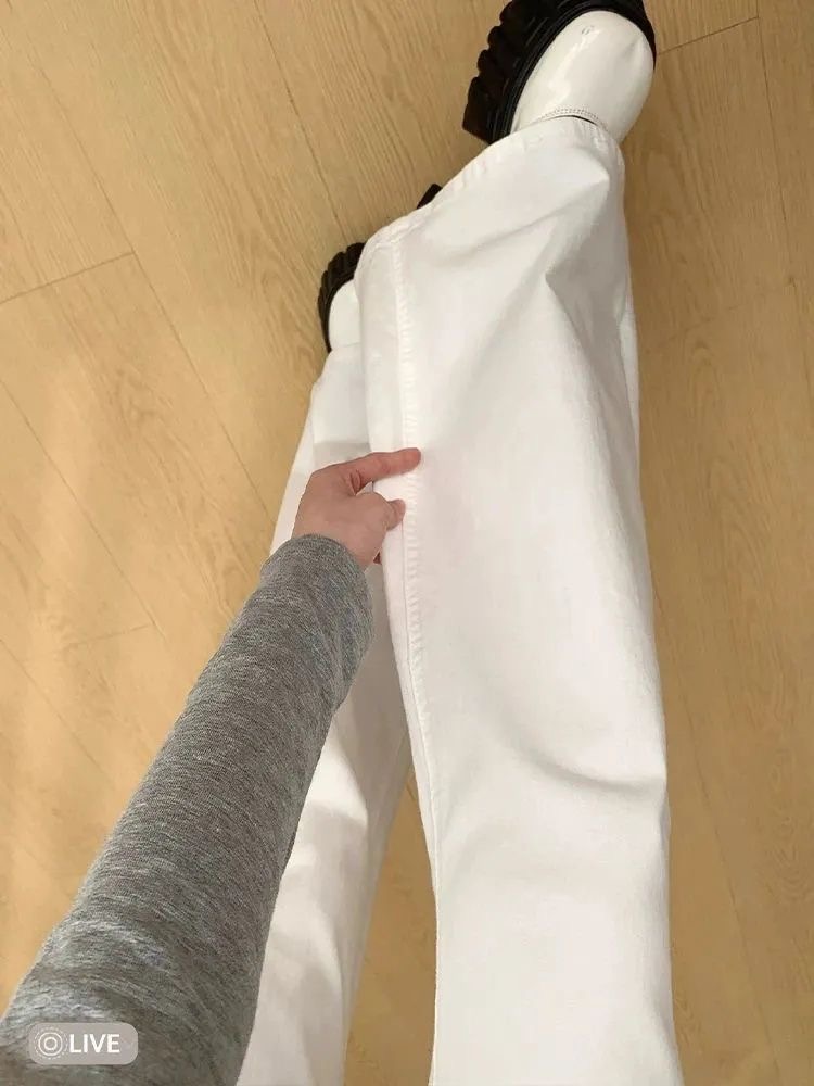 小個子美式白色低腰微喇牛仔褲女夏季不貼腿百搭拖地喇叭褲子