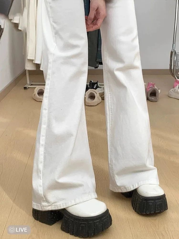 小個子美式白色低腰微喇牛仔褲女夏季不貼腿百搭拖地喇叭褲子