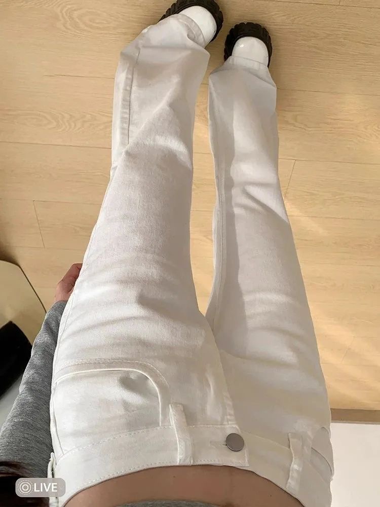 小個子美式白色低腰微喇牛仔褲女夏季不貼腿百搭拖地喇叭褲子