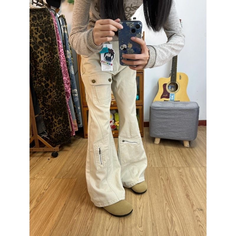 小個子美式工裝微喇牛仔褲女夏季新款高腰顯瘦設計感喇叭褲子
