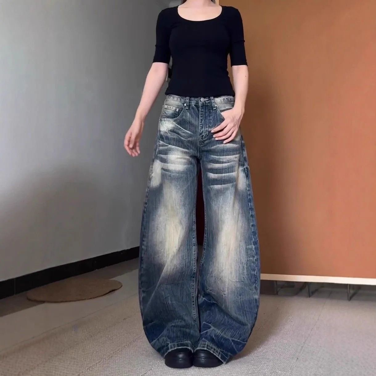 小個子美式高街復古水洗做舊牛仔褲女高腰寬松顯瘦闊腿彎刀褲