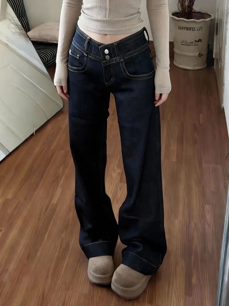 小個子美式小眾微喇闊腿牛仔褲女夏季低腰寬松百搭直筒喇叭褲
