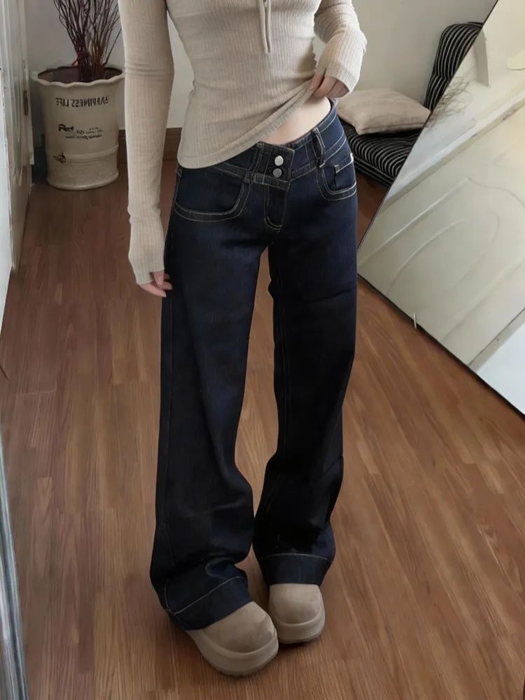 小個子美式小眾微喇闊腿牛仔褲女夏季低腰寬松百搭直筒喇叭褲
