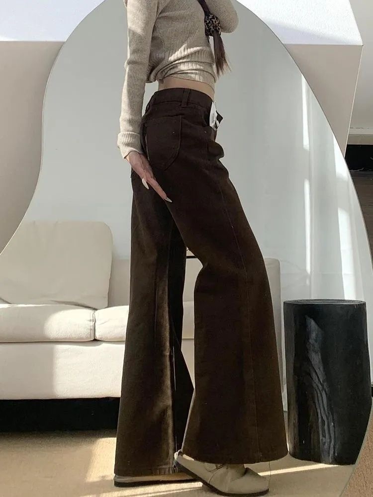 小個子美式辣妹咖色不貼腿微喇牛仔褲女低腰寬松喇叭拖地長褲