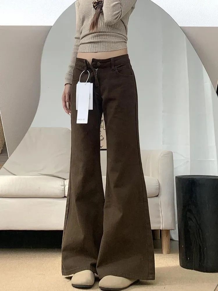 小個子美式辣妹咖色不貼腿微喇牛仔褲女低腰寬松喇叭拖地長褲