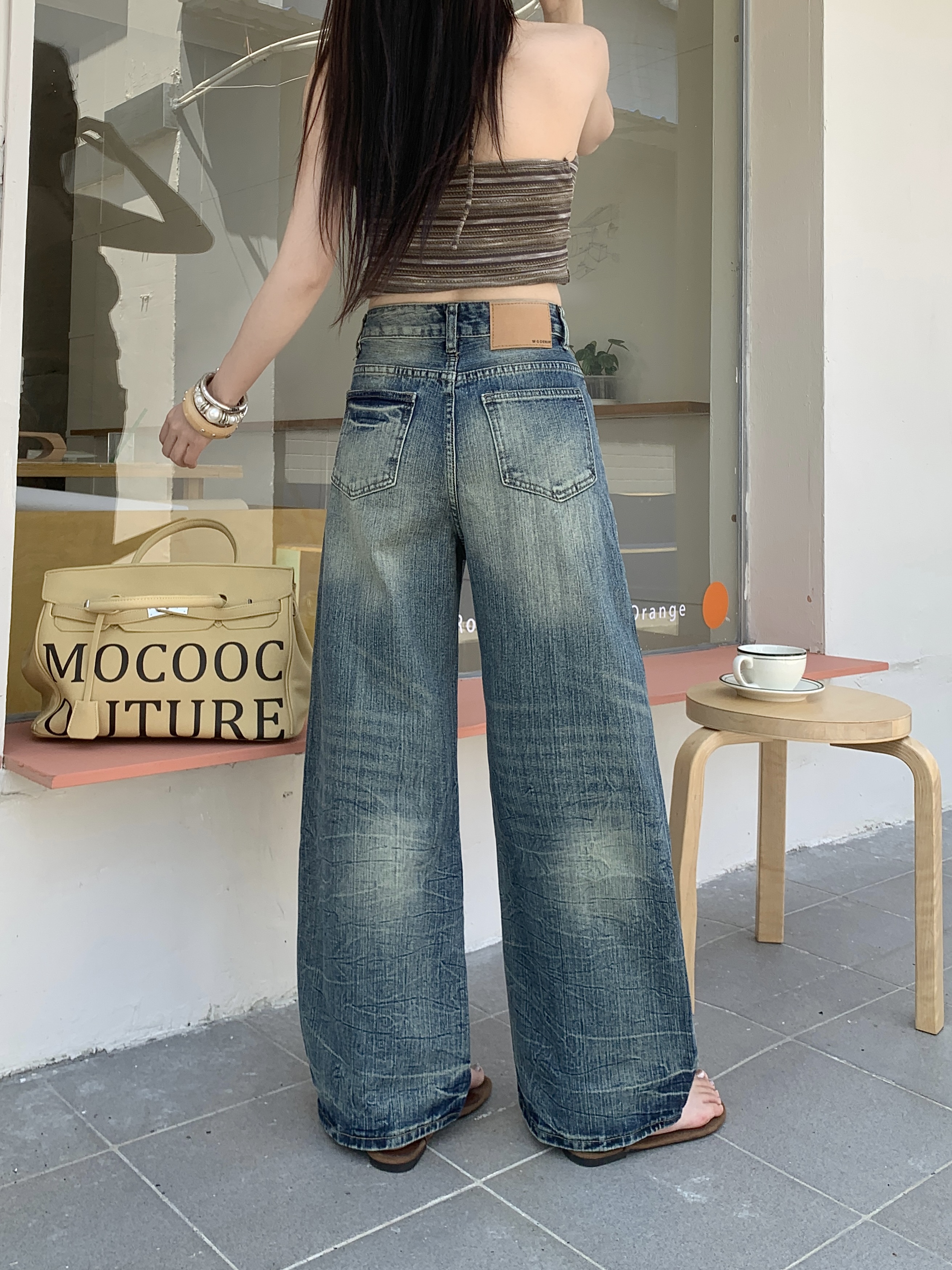 實拍~小個子美式復古水洗做舊牛仔褲女高腰寬松顯瘦闊腿彎刀褲