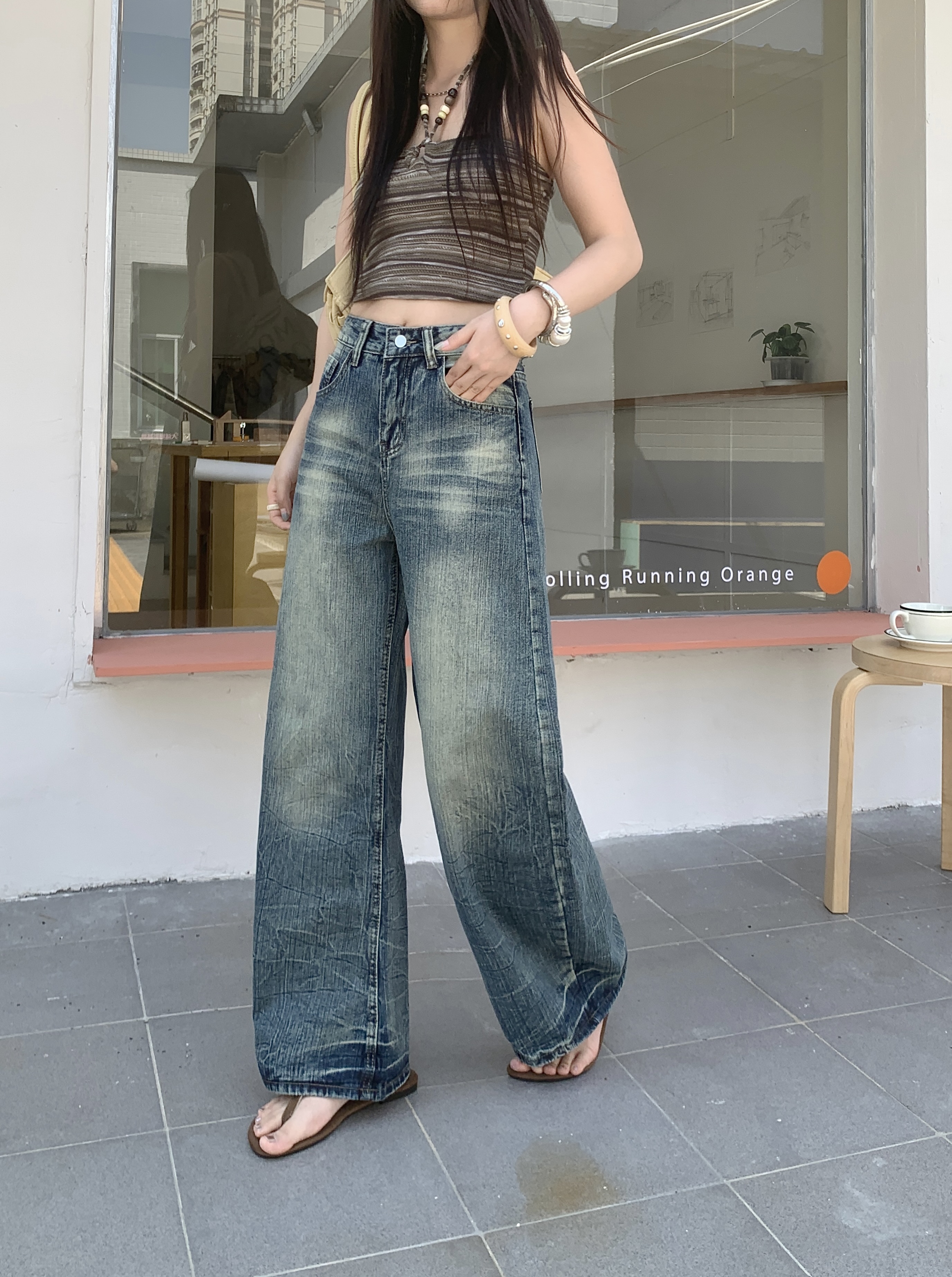 實拍~小個子美式復古水洗做舊牛仔褲女高腰寬松顯瘦闊腿彎刀褲