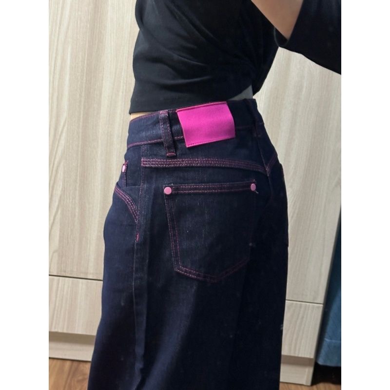 小個子美式辣妹撞色低腰闊腿牛仔褲女直筒寬松顯瘦垂感拖地褲子