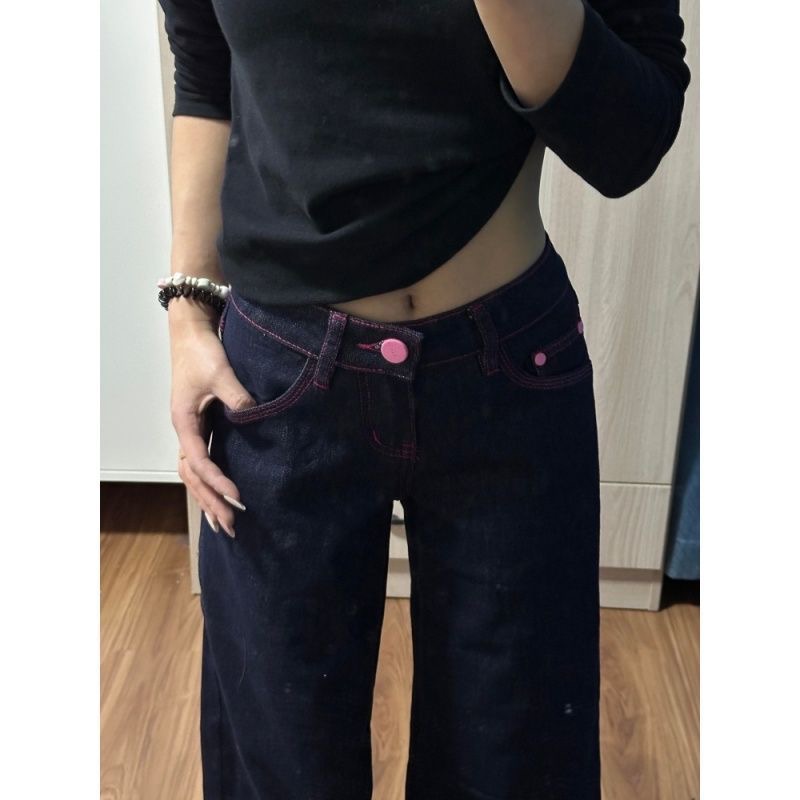 小個子美式辣妹撞色低腰闊腿牛仔褲女直筒寬松顯瘦垂感拖地褲子