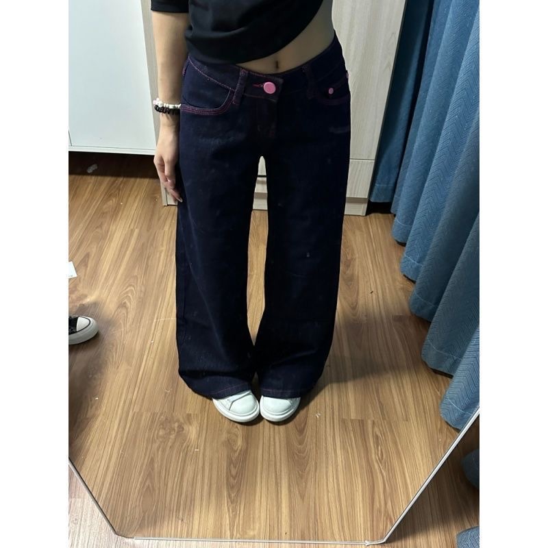 小個子美式辣妹撞色低腰闊腿牛仔褲女直筒寬松顯瘦垂感拖地褲子