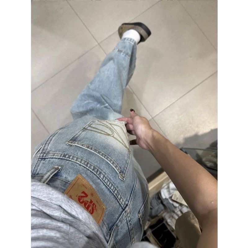 小個子美式復古口袋刺繡牛仔褲女高腰寬松顯瘦闊腿拖地褲