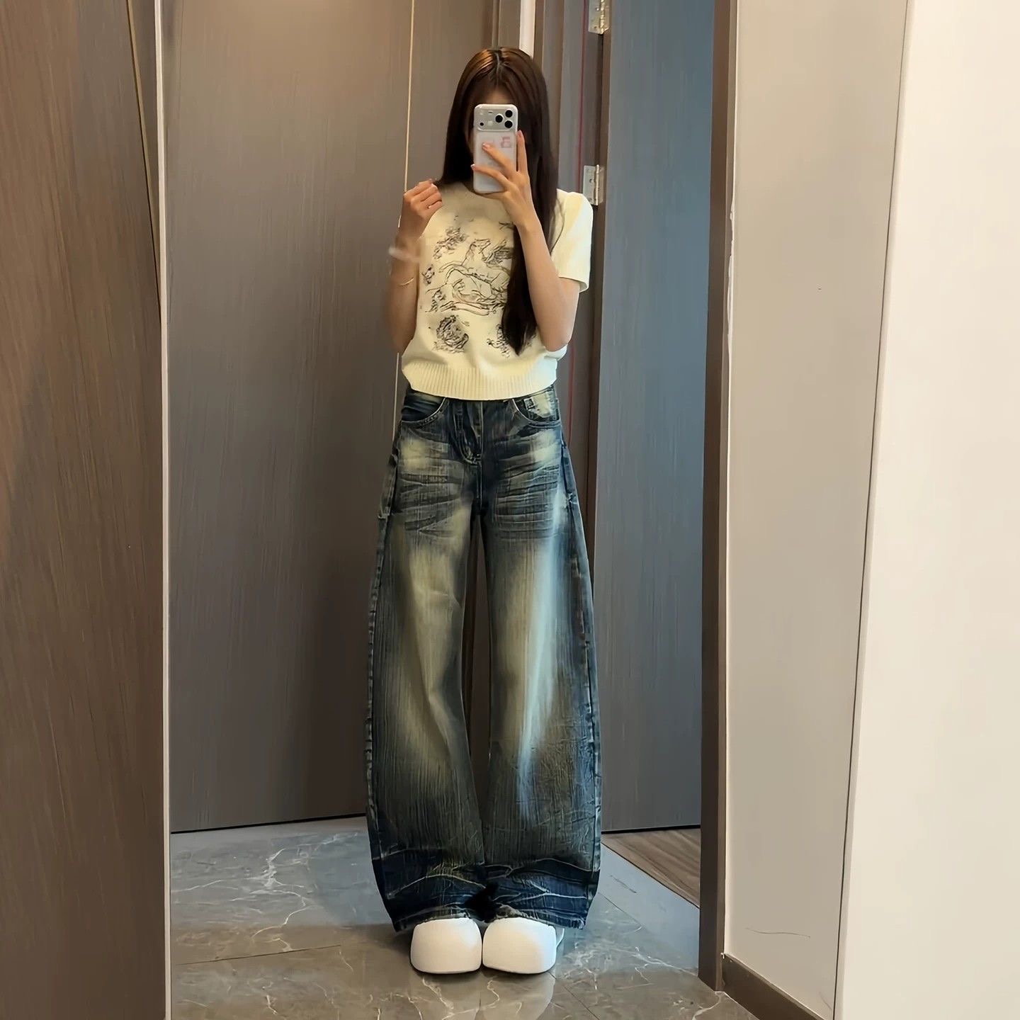 小個子美式高街復古水洗做舊牛仔褲女高腰寬松顯瘦闊腿彎刀褲