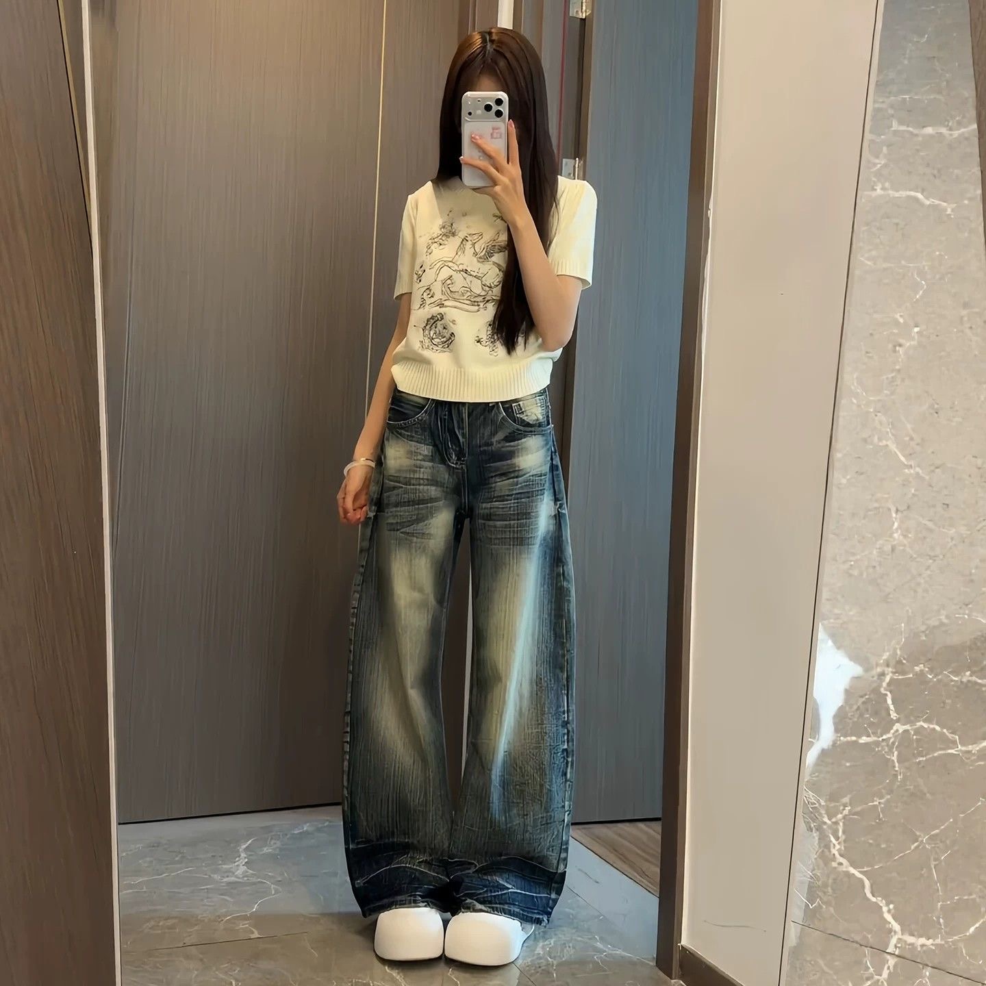 小個子美式高街復古水洗做舊牛仔褲女高腰寬松顯瘦闊腿彎刀褲