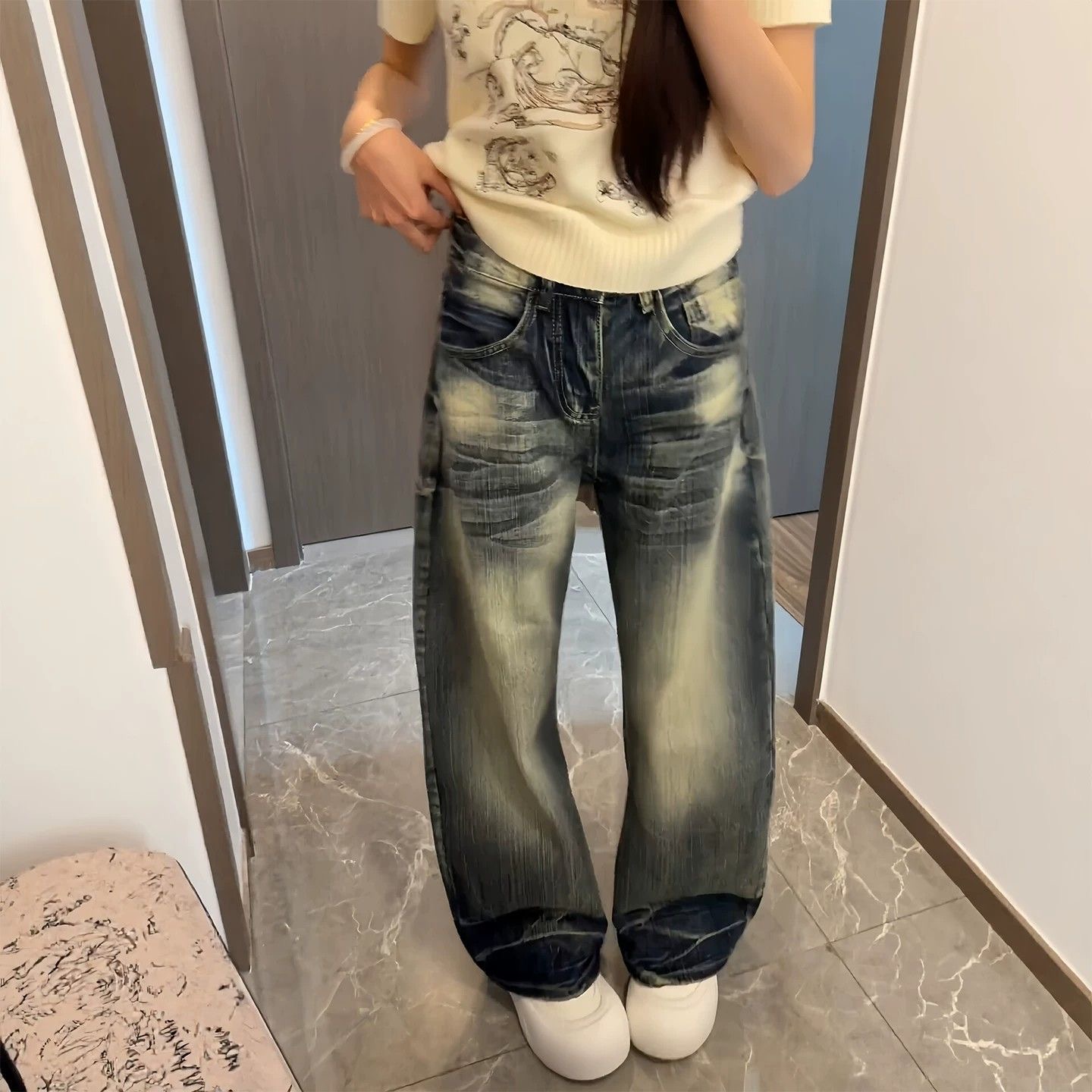小個子美式高街復古水洗做舊牛仔褲女高腰寬松顯瘦闊腿彎刀褲