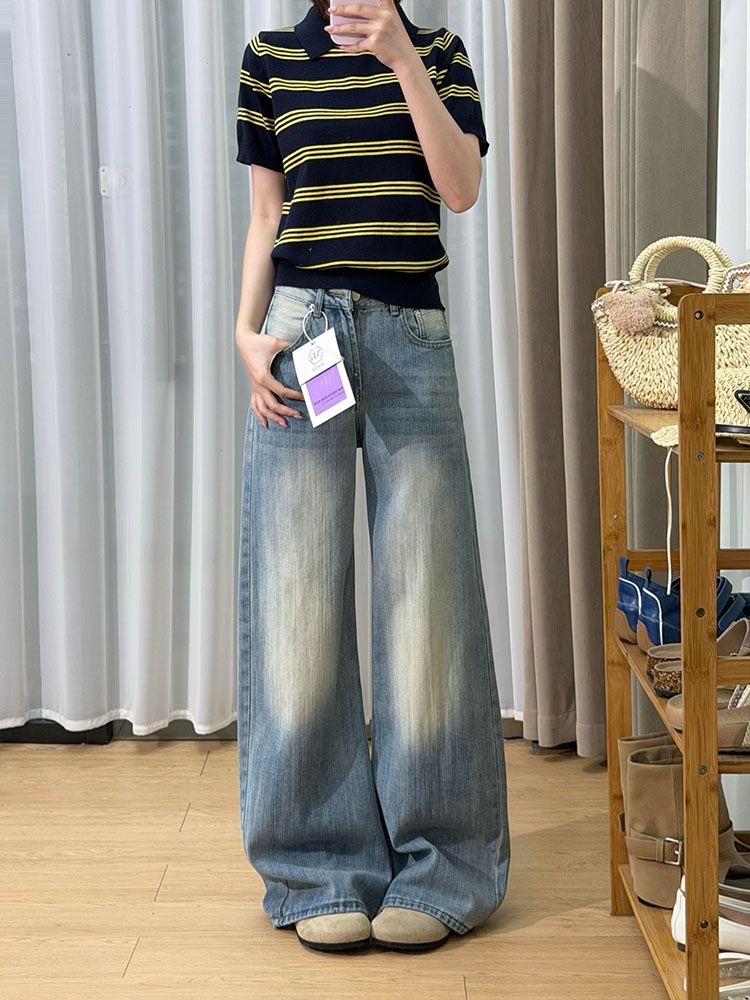 小個子復古竹節紋彎刀牛仔褲女新款夏季高腰寬松直筒闊腿長褲