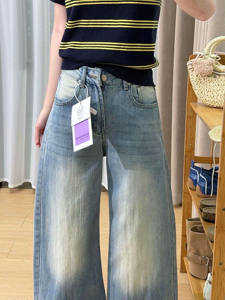 小個子復古竹節紋彎刀牛仔褲女新款夏季高腰寬松直筒闊腿長褲